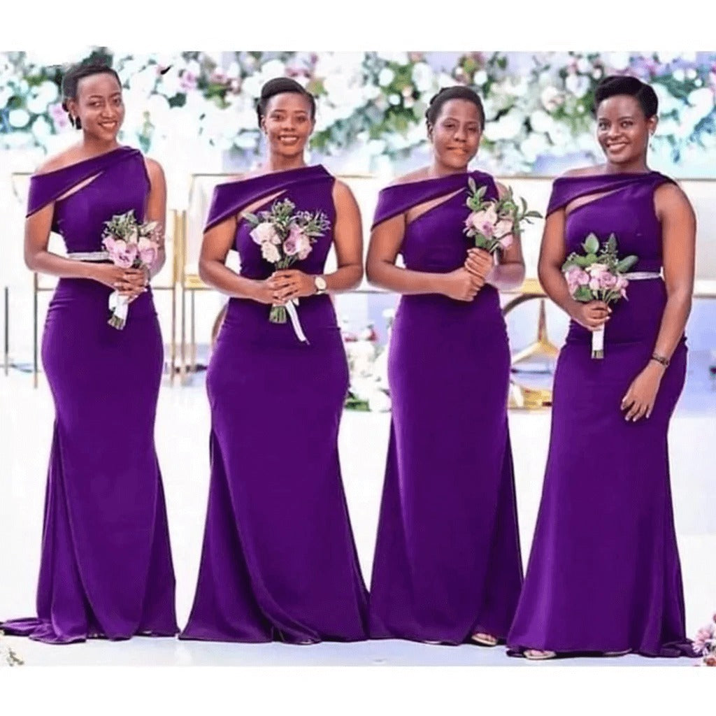 Purple One Shoulder Bridesmaid Dresses Long Wedding Guest Dresses Online