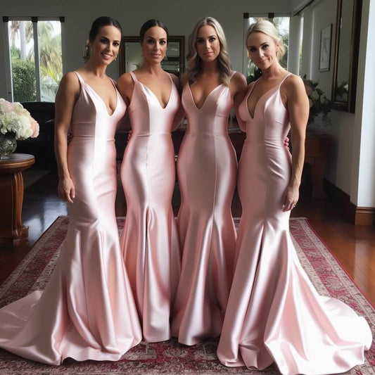V Neck Cheap Long Pink Mermaid Bridesmaid Dresses Wedding Party Dresses,BD240618