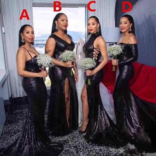 Cheap Multiway Black Sequin Bridesmaid Dresses Long Mermaid Wedding Guest Dress,BD240629