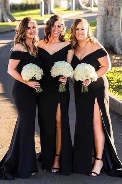 Off Shoulder Mermaid Long Satin Black Bridesmaid Dresses