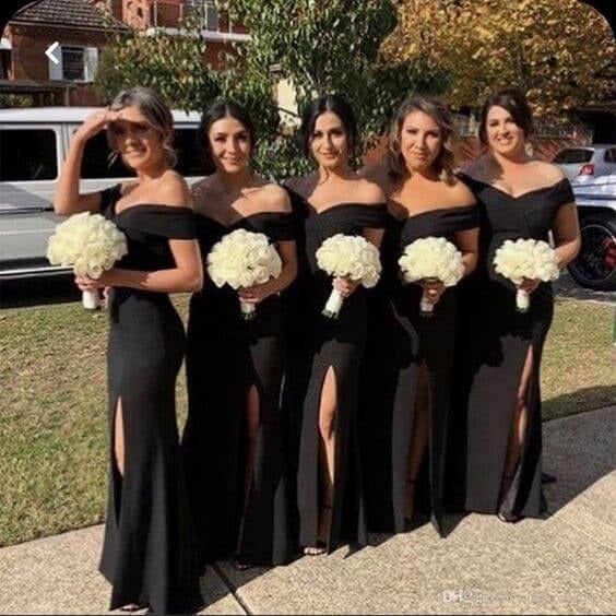 Off Shoulder Mermaid Long Satin Black Bridesmaid Dresses