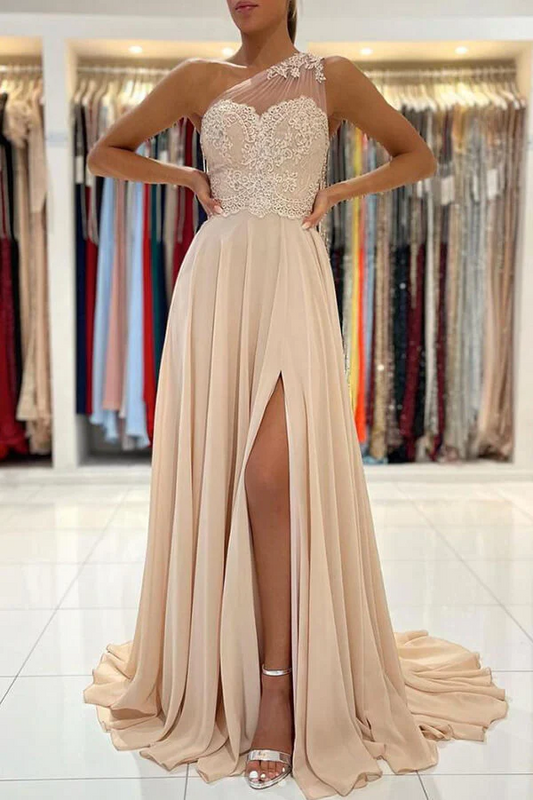 Chiffon A-line Lace One Shoulder Prom Dresses, Evening Gown,BD930832