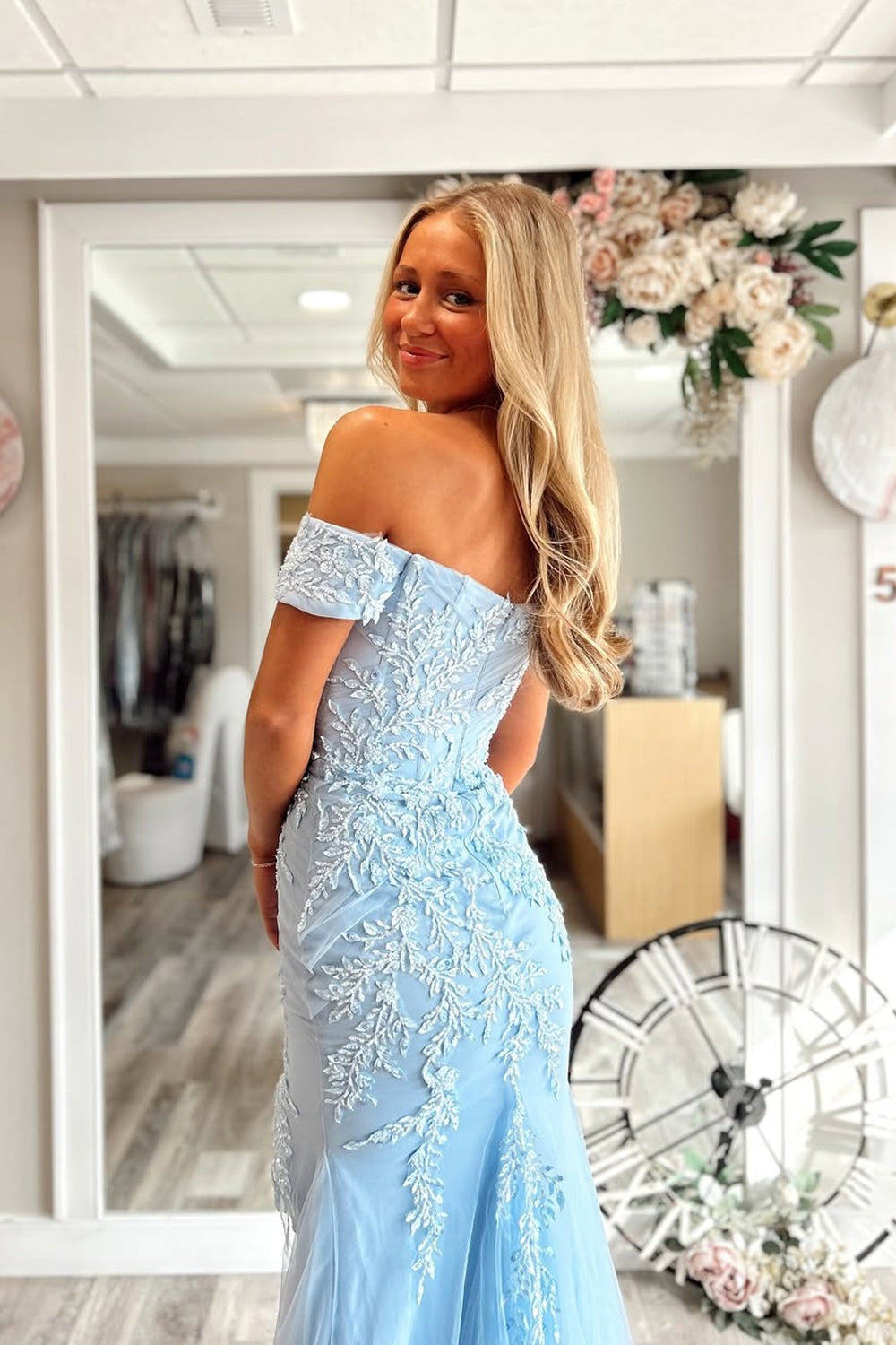 Off the Shoulder Light Blue Mermaid Prom Dresses