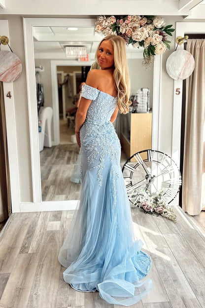 Off the Shoulder Light Blue Mermaid Prom Dresses