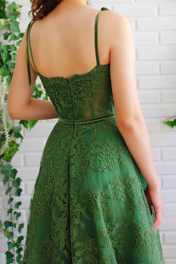 Dark Green Tulle Lace Spaghetti Straps  A-line Prom Dresses, Party Dresses