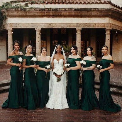 Off Shoulder Long Dark Green Bridesmaid Dresses Wedding Party Dress