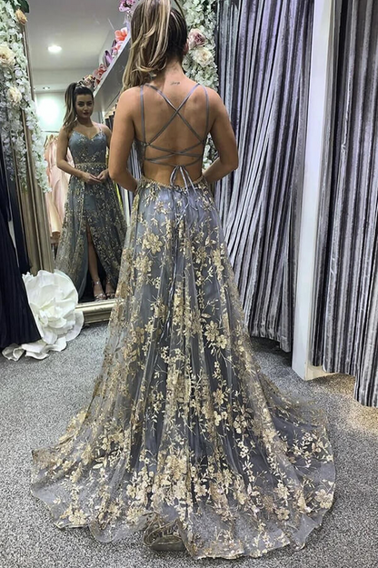 Grey Tulle Sequins Spaghetti Straps Prom Dresses, Formal Dresses