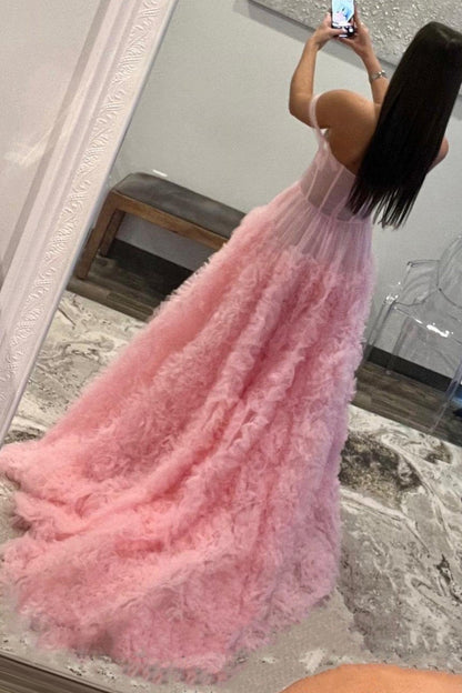 Off the Shoulder Tulle Pink Tiered Long Prom Dresses