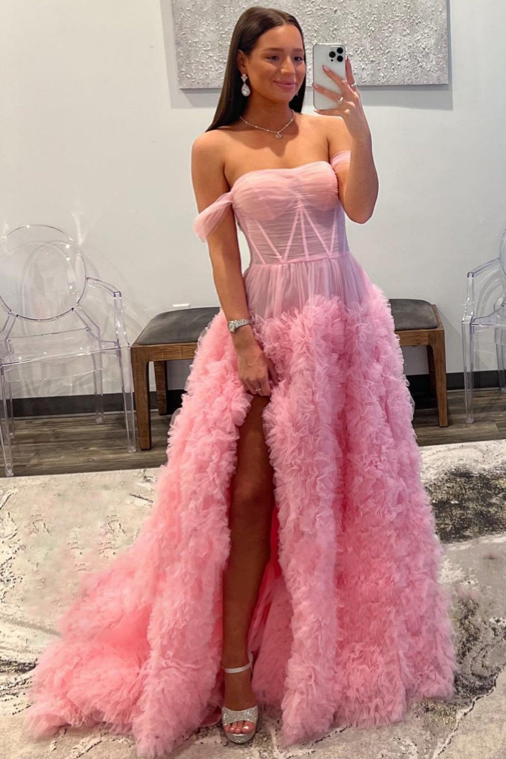 Off the Shoulder Tulle Pink Tiered Long Prom Dresses