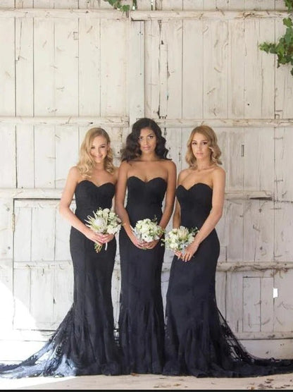 Hot Mermaid  Black Sweetheart Sleeveless Lace Bridesmaid Dresses