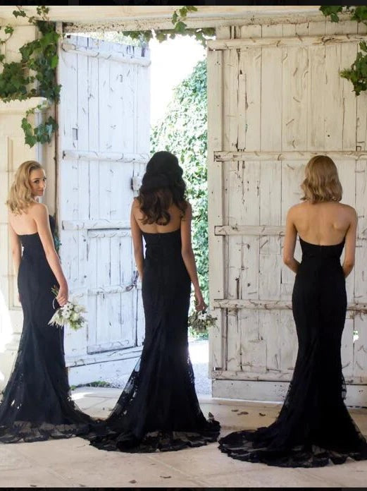 Hot Mermaid  Black Sweetheart Sleeveless Lace Bridesmaid Dresses