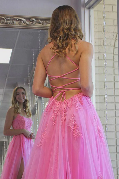 Hot Pink Tulle Split Long Prom Dresses, Evening Dress With Lace Appliques