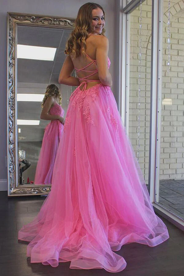 Hot Pink Tulle Split Long Prom Dresses, Evening Dress With Lace Appliques