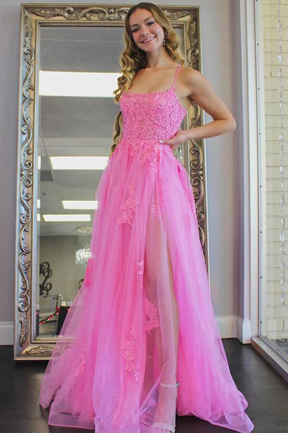 Hot Pink Tulle Split Long Prom Dresses, Evening Dress With Lace Appliques