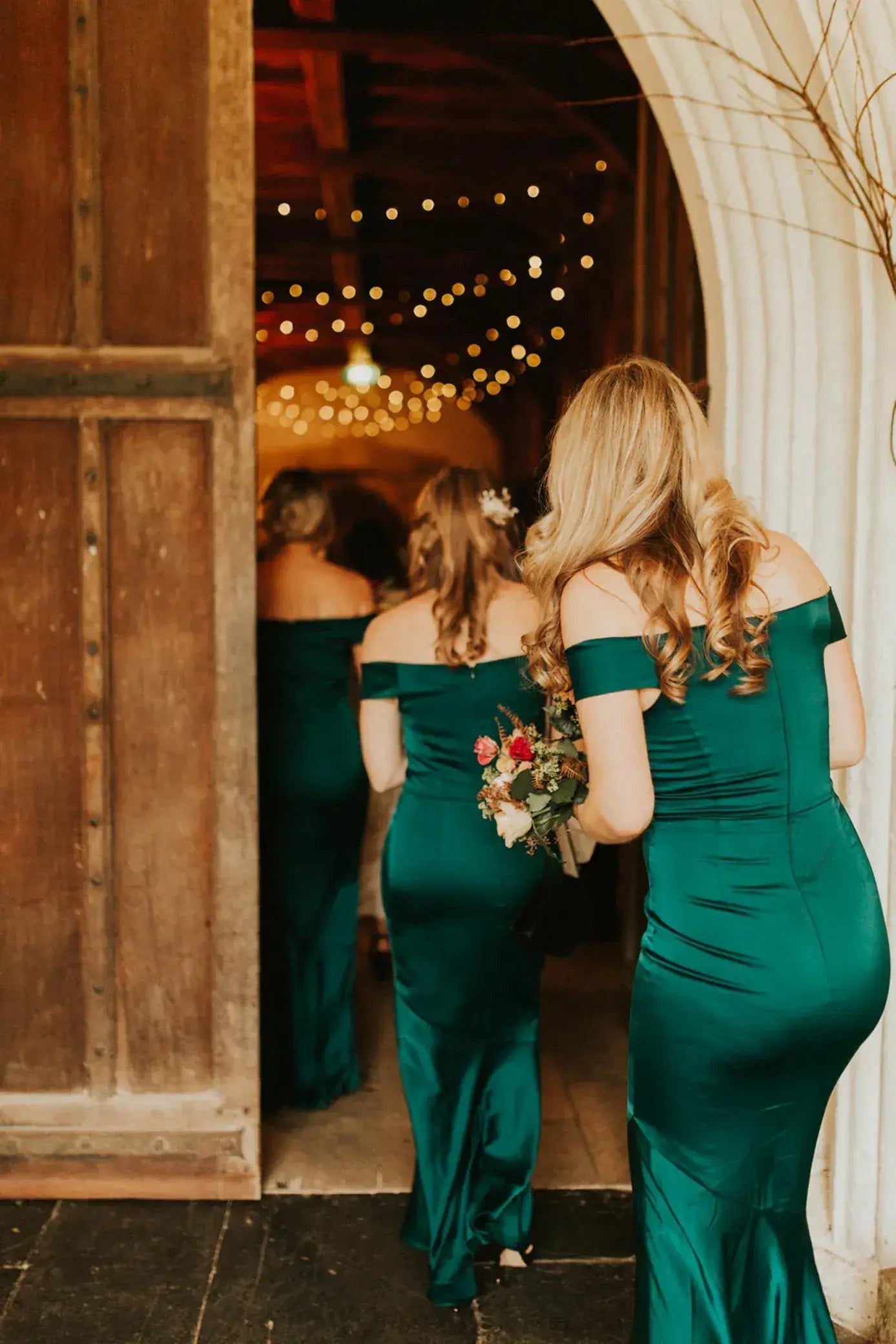 Hot Satin Off The Shoulder Emerald Green Bridesmaid Dresses, BD240602