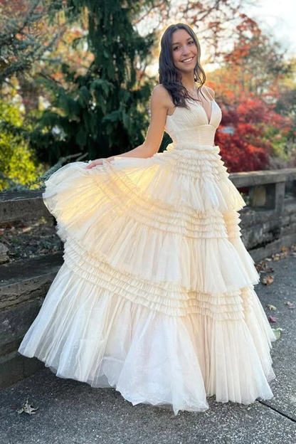 Ivory Tulle Ball Gown Spaghetti Straps Split Prom Dresses, Evening Gown