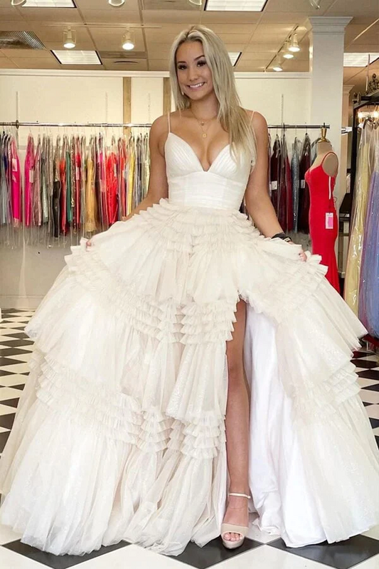 Ivory Tulle Ball Gown Spaghetti Straps Split Prom Dresses, Evening Gown