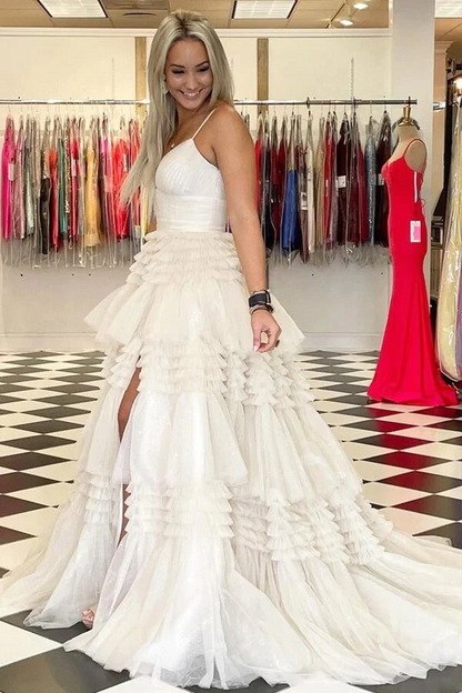 Ivory Tulle Ball Gown Spaghetti Straps Split Prom Dresses, Evening Gown