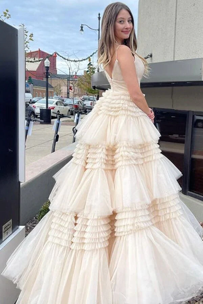 Ivory Tulle Ball Gown Spaghetti Straps Split Prom Dresses, Evening Gown