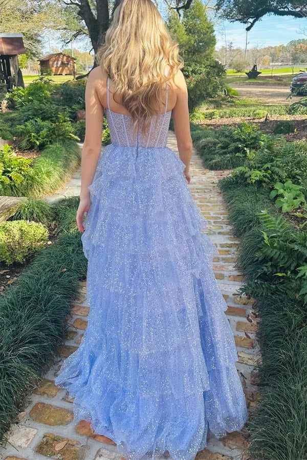 Tulle Sequin Ruffle Tiered Long Prom Dresses,Lavender Formal Dresses