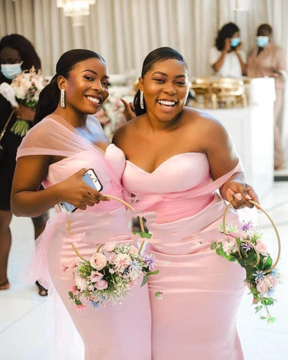 Sweetheart Long Mermaid Pink Satin Bridesmaid Dresses