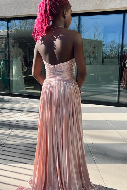 A Line Strapless Metallic Satin Pleated Prom Dresses