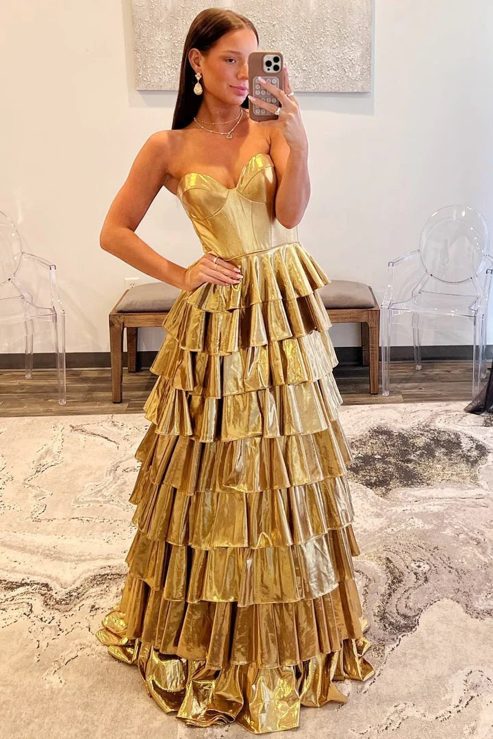 Metallic A-Line Sweetheart Ruffle Tiered Long Prom Dresses