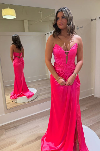 Mermaid Hot Pink Satin V Neck Prom Dresses