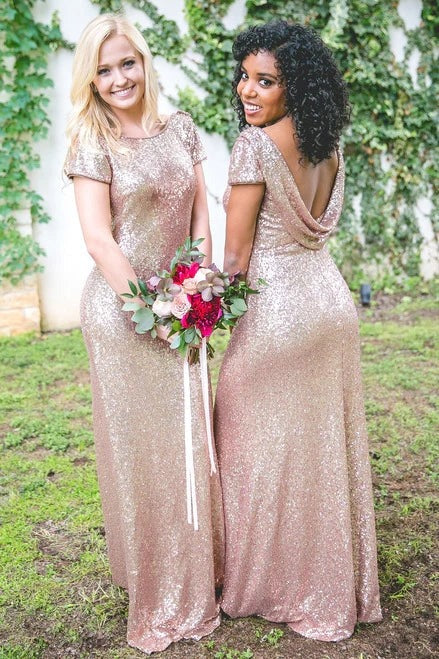 Metallic Rose Gold Bridesmaid Dresses Sequin Wedding Guest Dresses With Sleeves,BD240625