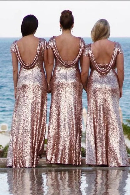 Metallic Rose Gold Bridesmaid Dresses Sequin Wedding Guest Dresses With Sleeves