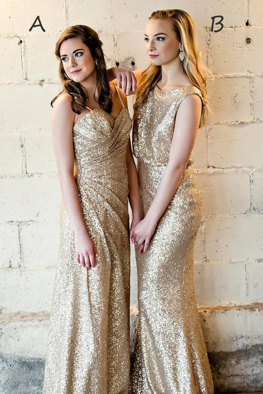 Mismatch Gold Bridesmaid Dresses Sequins Long Wedding Party Dresses