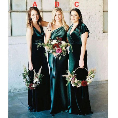 Green Mermaid Sleeveless Mismatched Long Velvet Bridesmaid Dresses