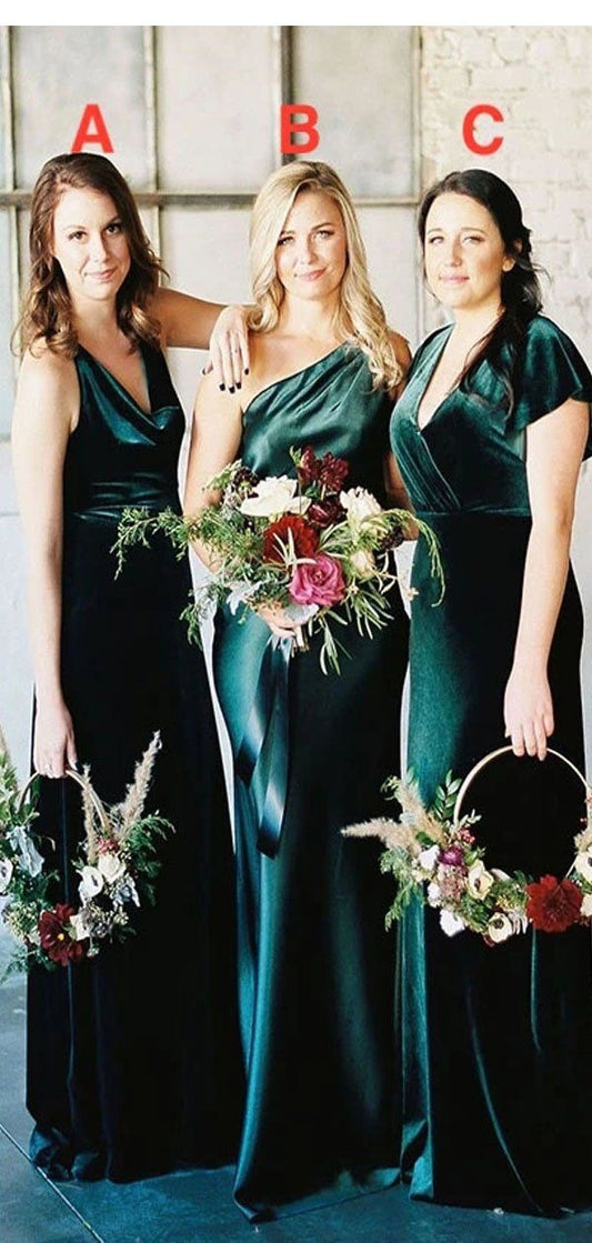 Green Mermaid Sleeveless Mismatched Long Velvet Bridesmaid Dresses