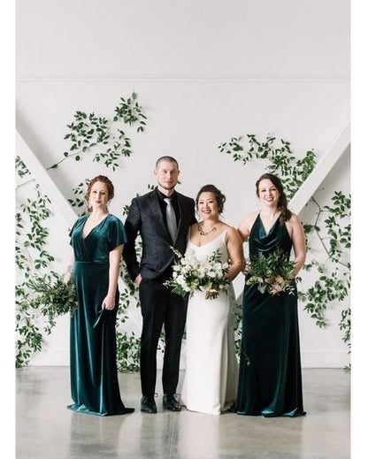 Green Mermaid Sleeveless Mismatched Long Velvet Bridesmaid Dresses