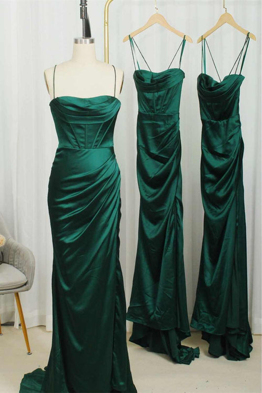 Modest Satin Dark Green Mermaid Bridesmaid Dresses Straps Wedding Guest Dress,BD240627