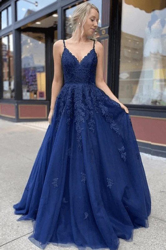 V-neck Navy Blue Tulle Lace A-line Prom Dresses, Long Formal Dresses,BD930826