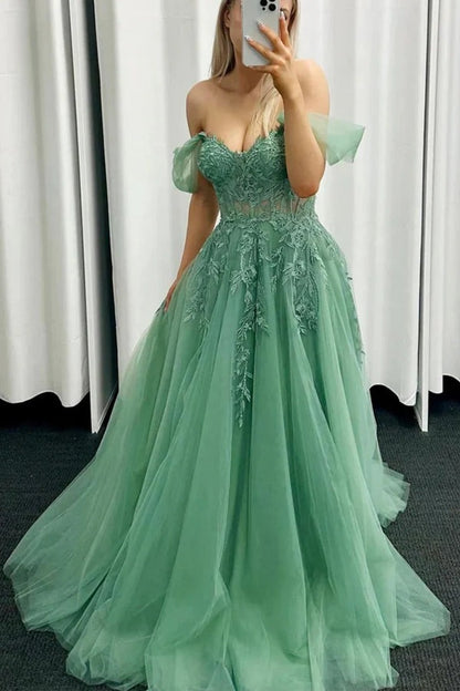 Off Shoulder Green Lace Long Prom Dresses,Green Formal dresses