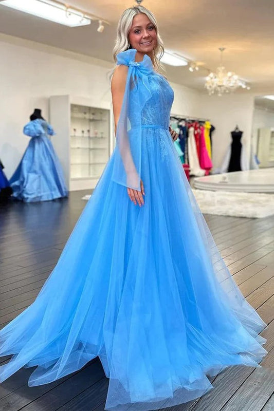 One Shoulder Long Blue Lace Prom Dresses