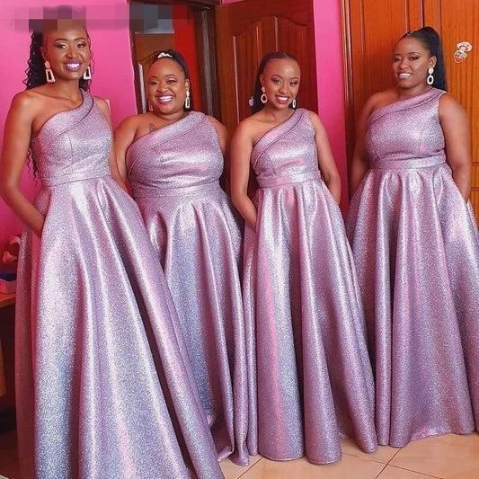 A Line Long African One Shoulder Puple Sequin Bridesmaid Dresses Party Dress