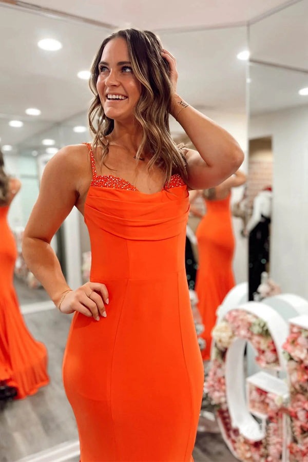 Orange Spandex Mermaid Prom Dresses Strap Formal Dresses luladress