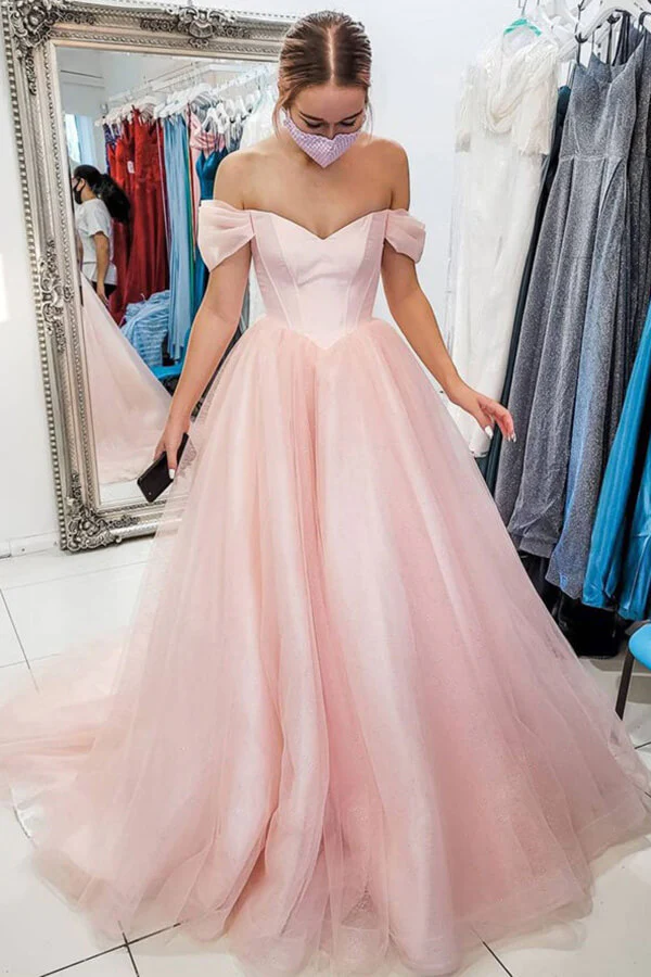 A-line Off Shoulder Pink Tulle Long Prom Dresses, Evening Gown With Train