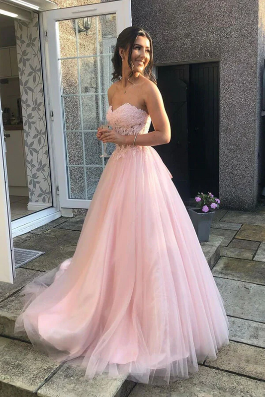 Pink Tulle Sweetheart Lace A-line Prom Dresses, Long Formal Dresses