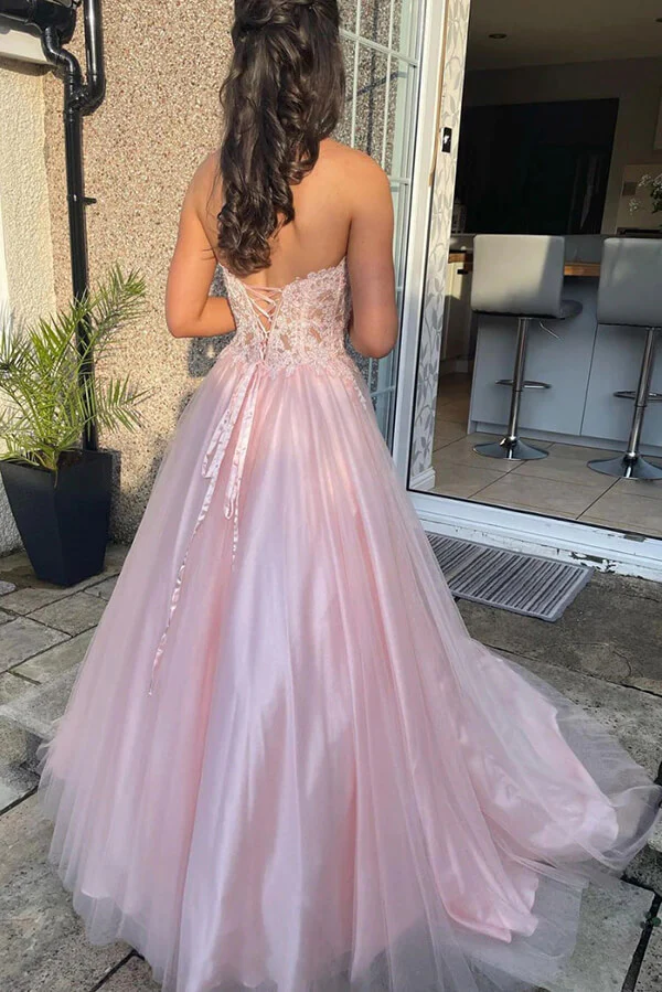 Pink Tulle Sweetheart Lace A-line Prom Dresses, Long Formal Dresses