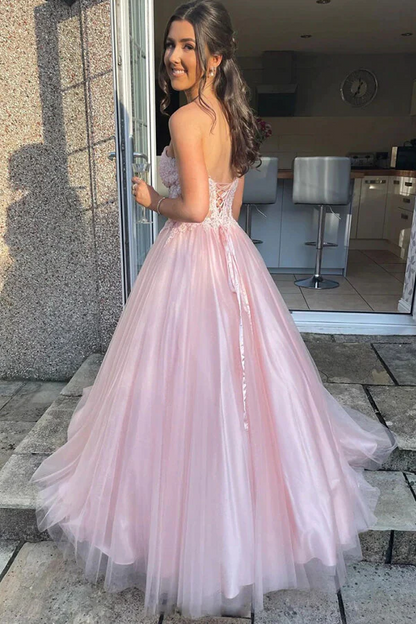 Pink Tulle Sweetheart Lace A-line Prom Dresses, Long Formal Dresses