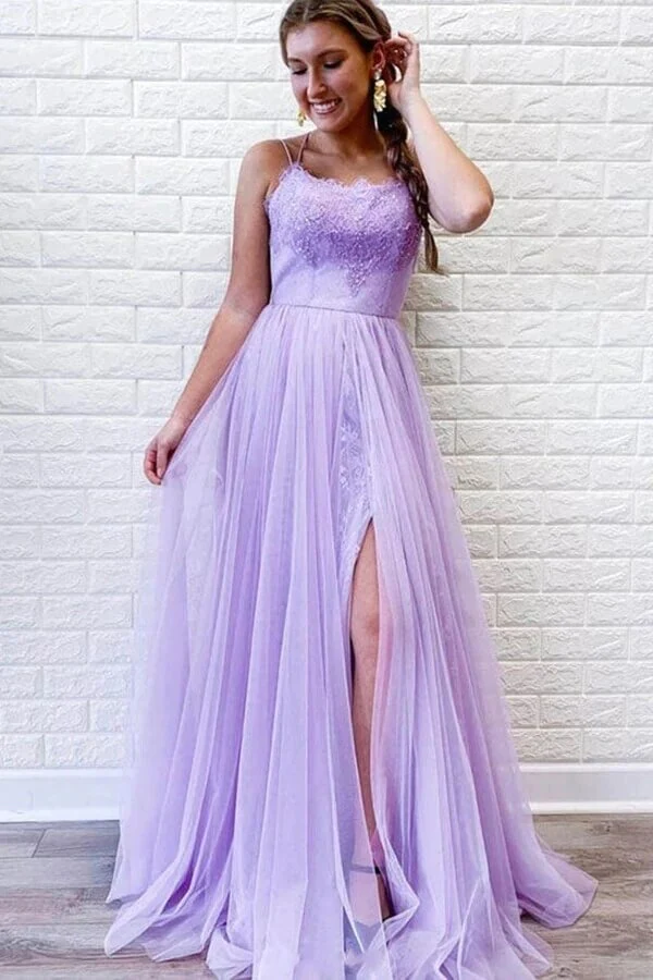 Purple  A-line Tulle Lace Backless Prom Dresses With Slit, Evening Dresses