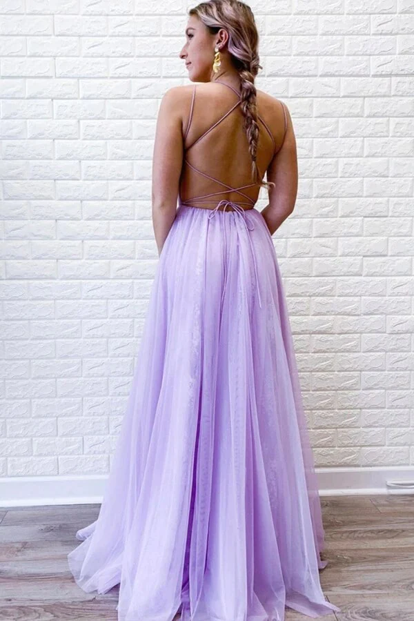 Purple  A-line Tulle Lace Backless Prom Dresses With Slit, Evening Dresses