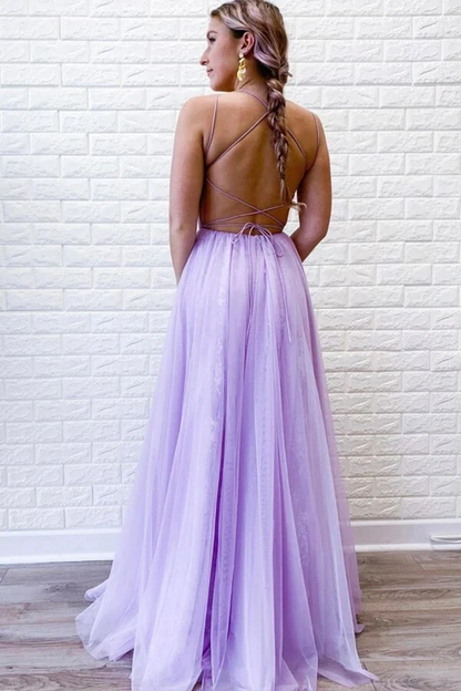 Purple  A-line Tulle Lace Backless Prom Dresses With Slit, Evening Dresses