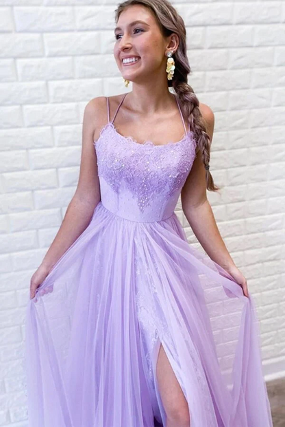 Purple  A-line Tulle Lace Backless Prom Dresses With Slit, Evening Dresses