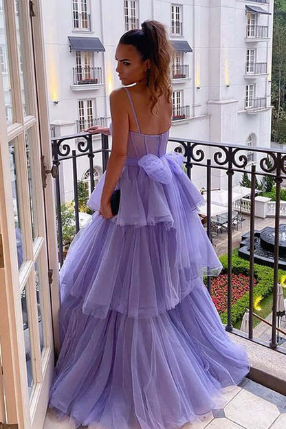 Purple Tulle Layered A-line Sweetheart Long Prom Dresses, Evening Gowns