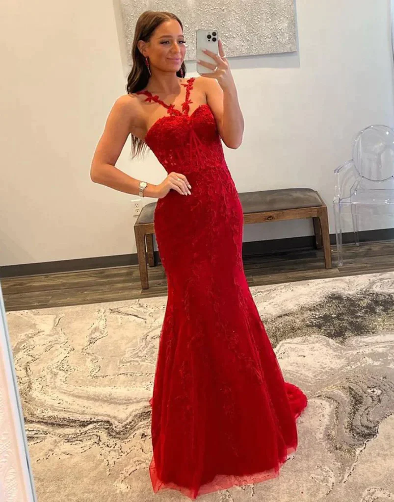 Red Spaghetti Straps Long Mermaid  Prom Dress,BD930837